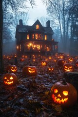 Wall Mural - A spooky Halloween scene with a lit-up house in the distance and a field of jack-o-lanterns in the foreground.