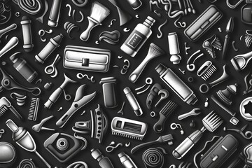 Hand-drawn seamless pattern of various everyday objects on black background.