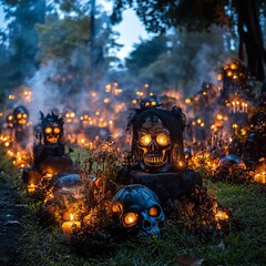 Poster - A spooky Halloween scene with glowing skulls and candles in a foggy forest.