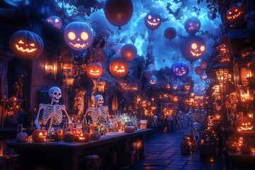 Canvas Print - A spooky Halloween town with skeletons, jack-o'-lanterns, and glowing balloons.