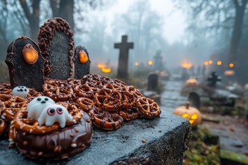 Canvas Print - A spooky Halloween treat with pretzel bites, a donut, and ghost cookies with a graveyard in the background.