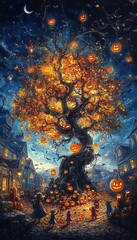 Wall Mural - A spooky Halloween tree with jack-o'-lanterns illuminating the night sky, with children trick-or-treating.