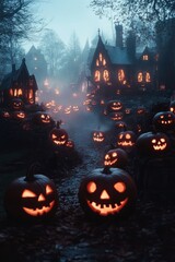 Sticker - A spooky Halloween village with glowing jack-o'-lanterns and a mysterious, fog-covered atmosphere.