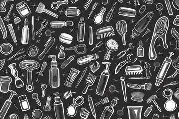 Hand-drawn seamless pattern of various everyday objects on black background.