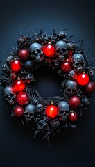 Poster - A spooky Halloween wreath with skulls and red ornaments on a dark background.