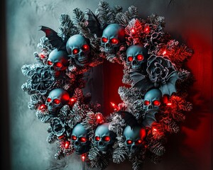 Canvas Print - A spooky Halloween wreath with skulls, bats, and red lights on a gray background.