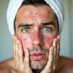 Man with Acne and Redness on Face Skincare Routine Towel on Head Closeup