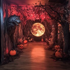 Sticker - A spooky Halloween-themed corridor with a full moon, pumpkins, and a werewolf.