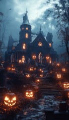 Poster - A spooky haunted house with glowing jack-o-lanterns and a spooky atmosphere.