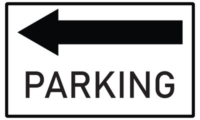 Parking traffic icon. Parking sign left arrow symbol. Directional parking sign isolated on white background. Car parking sign left direction.