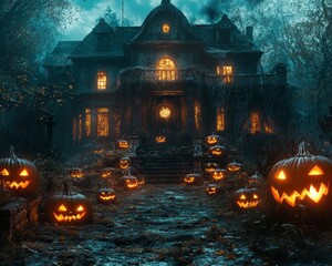 Wall Mural - A spooky haunted house with glowing jack-o-lanterns on a foggy night.