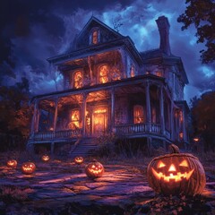 Sticker - A spooky haunted house with glowing jack-o'-lanterns on the pathway.