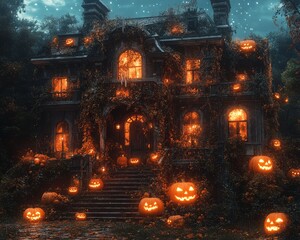 Canvas Print - A spooky haunted house with glowing jack-o'-lanterns.