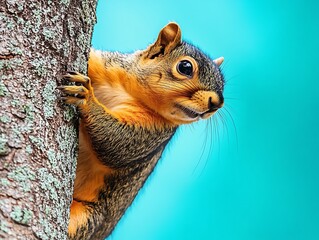 A bright image of a squirrel looking back as it climbs a tree branch, with the detailed texture of the branch and a bright turquoise background for contrast