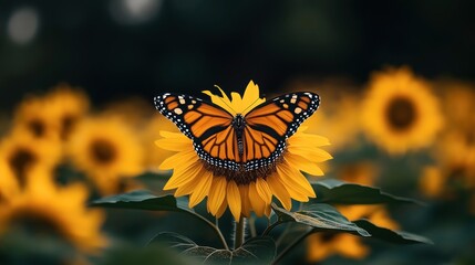 Wall Mural - monarch butterfly with open wings perched on a vibrant sunflower, surrounded by a field of sunflower