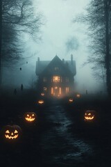 Sticker - A spooky house with lit pumpkins sits in a foggy forest on a Halloween night.