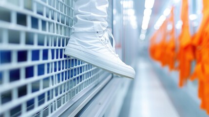 A white sneaker rests on a metal grate inside a brightly lit industrial setting