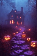 Sticker - A spooky old house with glowing jack-o'-lanterns and a path leading to it, shrouded in fog.