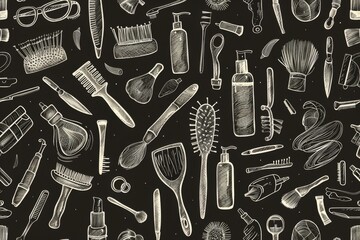 Hand-drawn seamless pattern of various everyday objects on black background.