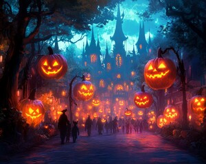 Poster - A spooky path lined with glowing jack-o-lanterns leads towards a mysterious castle in the distance.