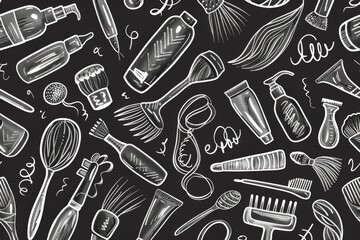 Hand-drawn seamless pattern of various everyday objects on black background.