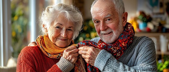 Happy elderly couple sharing a scarf in a cozy indoor setting.