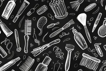 Hand-drawn seamless pattern of various everyday objects on black background.
