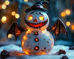 Poster - A spooky snowman with glowing eyes and bat wings.