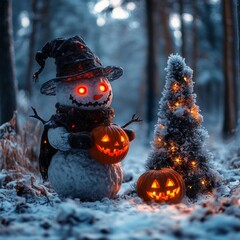 Poster - A spooky snowman with glowing red eyes and a carved pumpkin in a snowy forest.