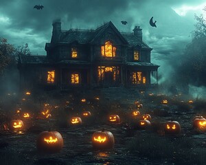 Poster - A spooky, abandoned house with lit jack-o-lanterns in front of it, bats flying overhead, and a stormy sky.