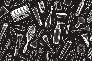 Hand-drawn seamless pattern of various everyday objects on black background.