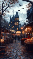 Sticker - A spooky, cobblestone street lined with market stalls, a towering gothic castle in the background and bats flying overhead.