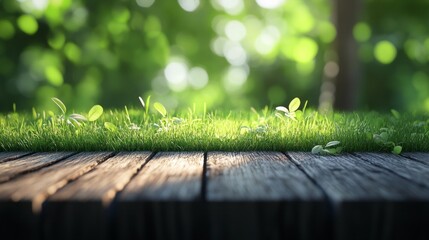Poster - A wooden table with a grassy area in front of it