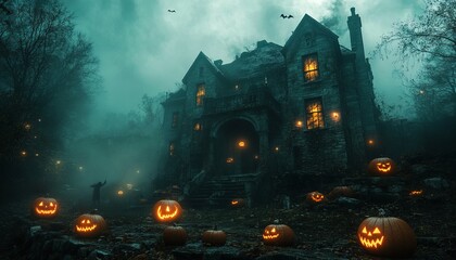 Wall Mural - A spooky, gothic mansion with glowing jack-o'-lanterns on a foggy Halloween night.