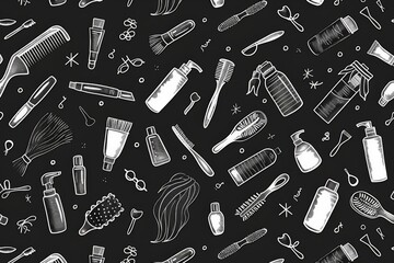 Hand-drawn seamless pattern of various everyday objects on black background.