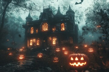 Poster - A spooky, gothic mansion with lit jack-o-lanterns in front of it, surrounded by a dark forest.