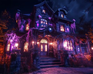 Canvas Print - A spooky, gothic mansion with vines and cobwebs illuminated by soft, glowing lights.