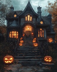 Canvas Print - A spooky, gothic-style house with lit jack-o'-lanterns on the steps and glowing windows.