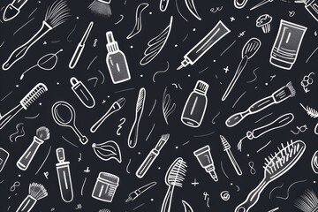 Hand-drawn seamless pattern of various everyday objects on black background.