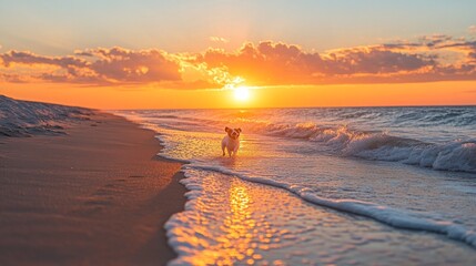Poster - A dog is walking on the beach at sunset