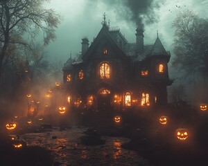 Sticker - A spooky, old Victorian house with jack-o-lanterns in the foggy forest.