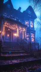 Poster - A spooky, old Victorian house with string lights on the porch, shrouded in mist.