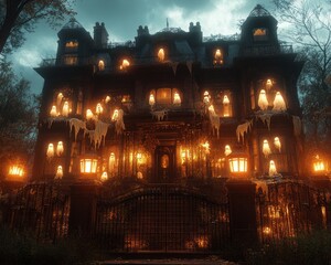 Sticker - A spooky, old Victorian mansion with glowing windows and ghostly figures in the windows.