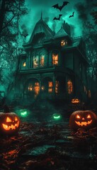 Canvas Print - A spooky, old, haunted house with jack-o-lanterns in the front yard.