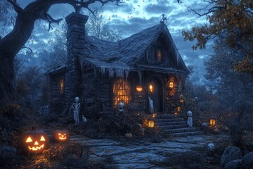 Canvas Print - A spooky, stone cottage with jack-o-lanterns and skeletons on the porch, lit up by lanterns. The cottage is surrounded by trees and leaves on the ground, and it is dusk.