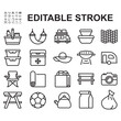 © riky - Picnic icon set. Thin line vector containing icons such as folding chair, campervan, food and others.