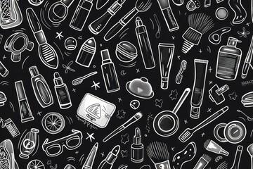 Hand-drawn seamless pattern of various everyday objects on black background.