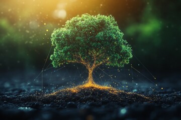 Poster - A stylized green tree with glowing roots in a dark forest.