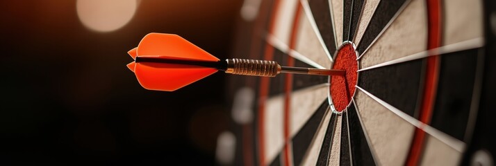 A dart is seen piercing the bullseye on a vintage dartboard in close-up, encapsulating themes of precision, concentration, and the thrill of a perfect shot.