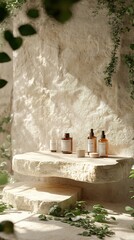 Poster - Abstract podium crafted from smooth stone and wood showcasing organic cosmetic products Surrounded by delicate green leaves and soft natural light the display evokes a calm earthy elegance